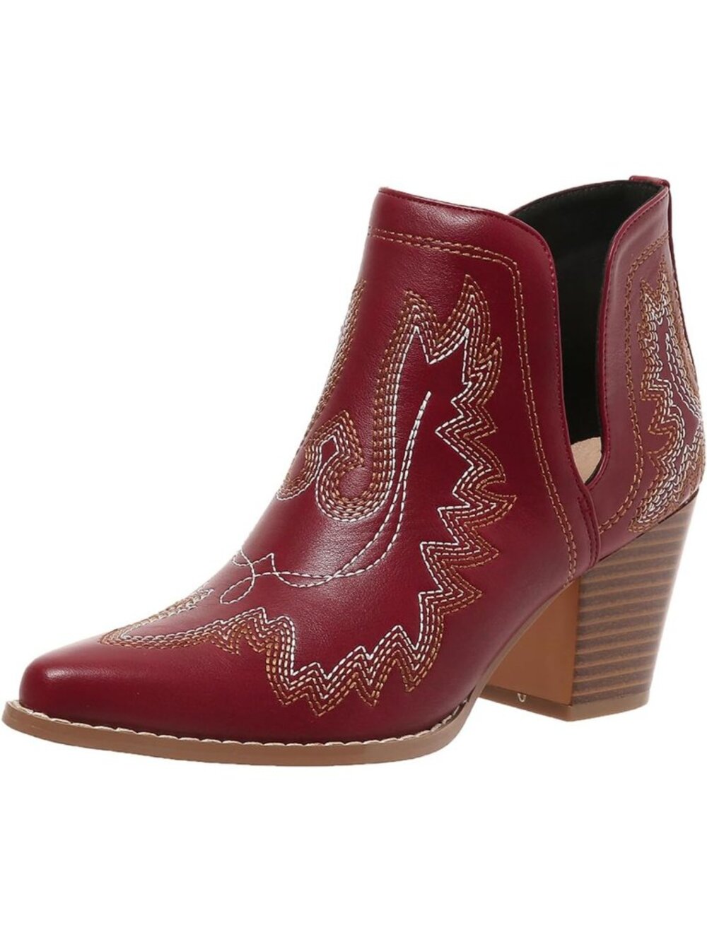 Women's Red Leather Cowgirl Ankle Embroidered Pointed Cutout Chunky Heel Boots